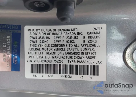 2018 Honda Civic Si z USA, uszkodzony, nr VIN 2HGFC3A56JH758260